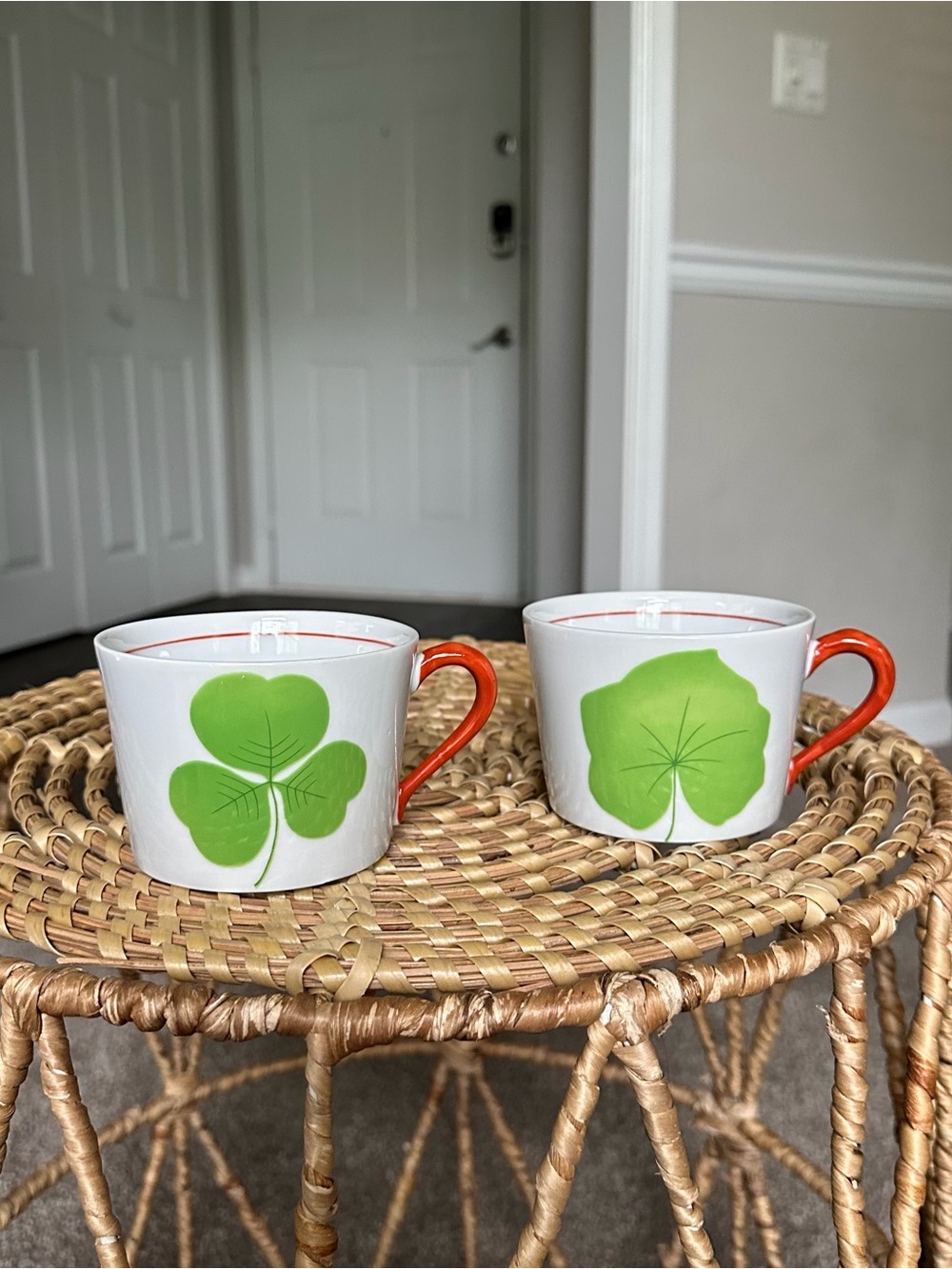 Vintage Taste Seller by Sigma White Ceramic Mug Set Green Leaf Motif Orange